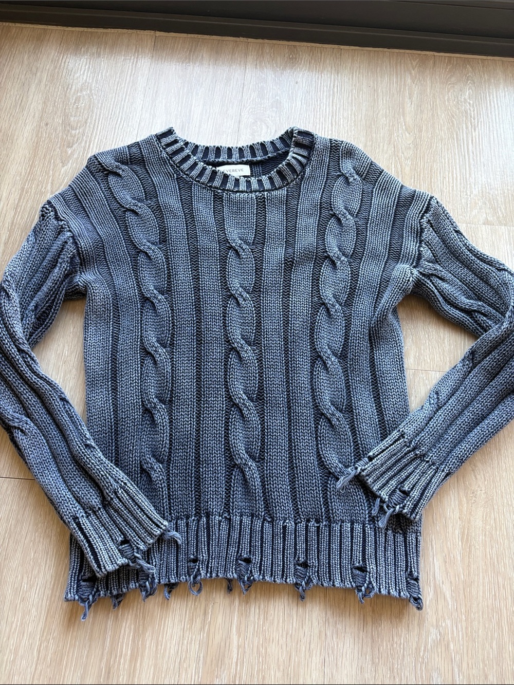 Evereve Blue Distressed Cable Crew Sweater